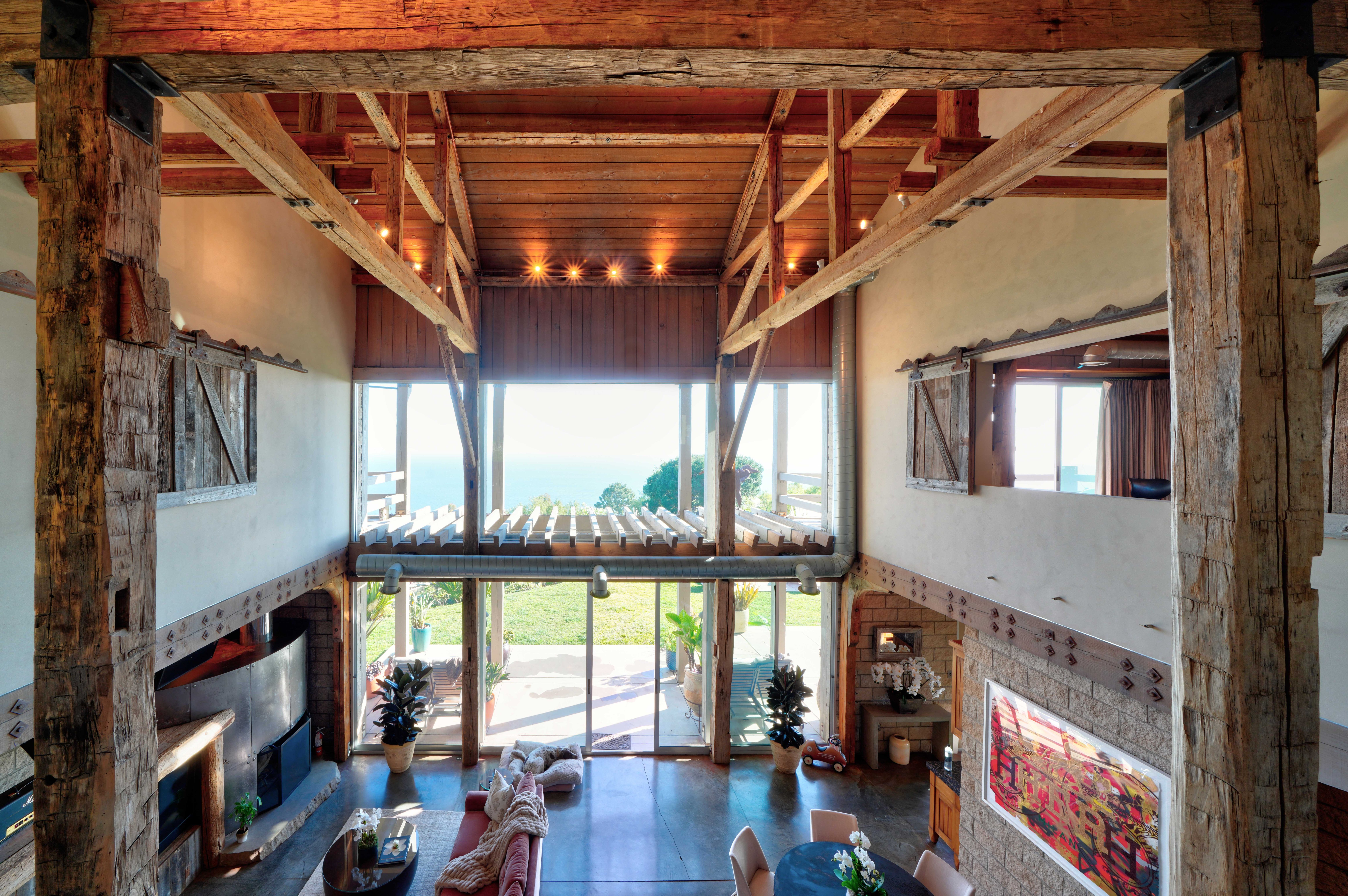 Great room aerial view with beams