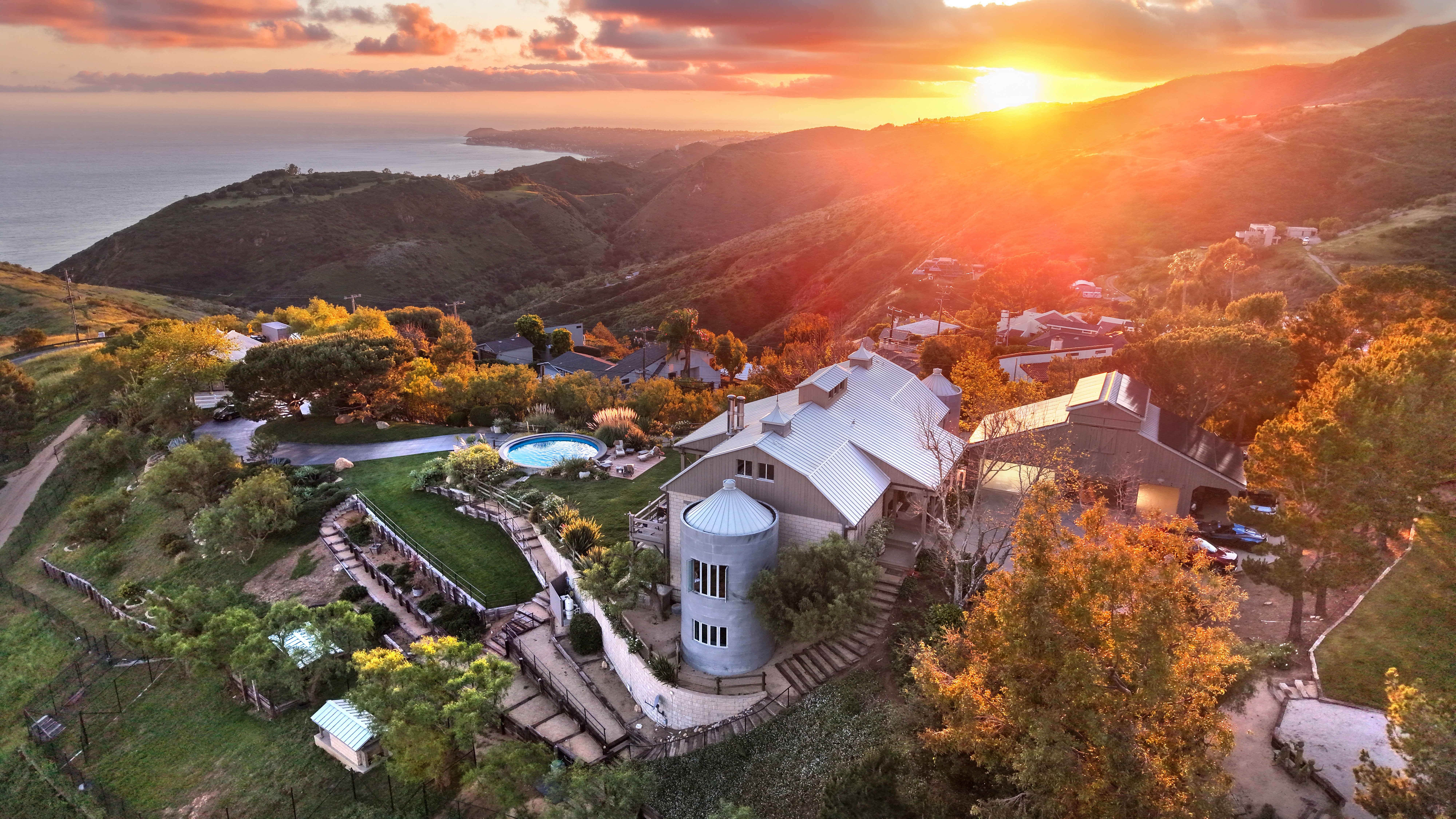 Corral Canyon Estate — aerial sunset view